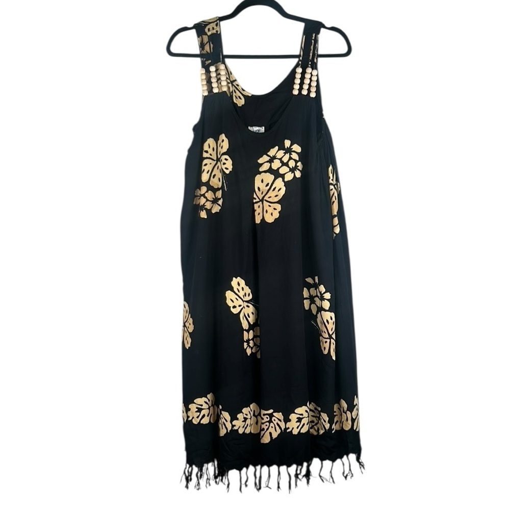 Young Fashion Black & Tan Tropical Hawaiian Vacation Travel Dress Size Large‎